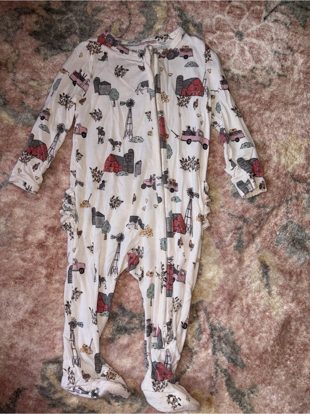 Angel Dear White Farmyard Print Footed Pajamas with Pink and Red Accents